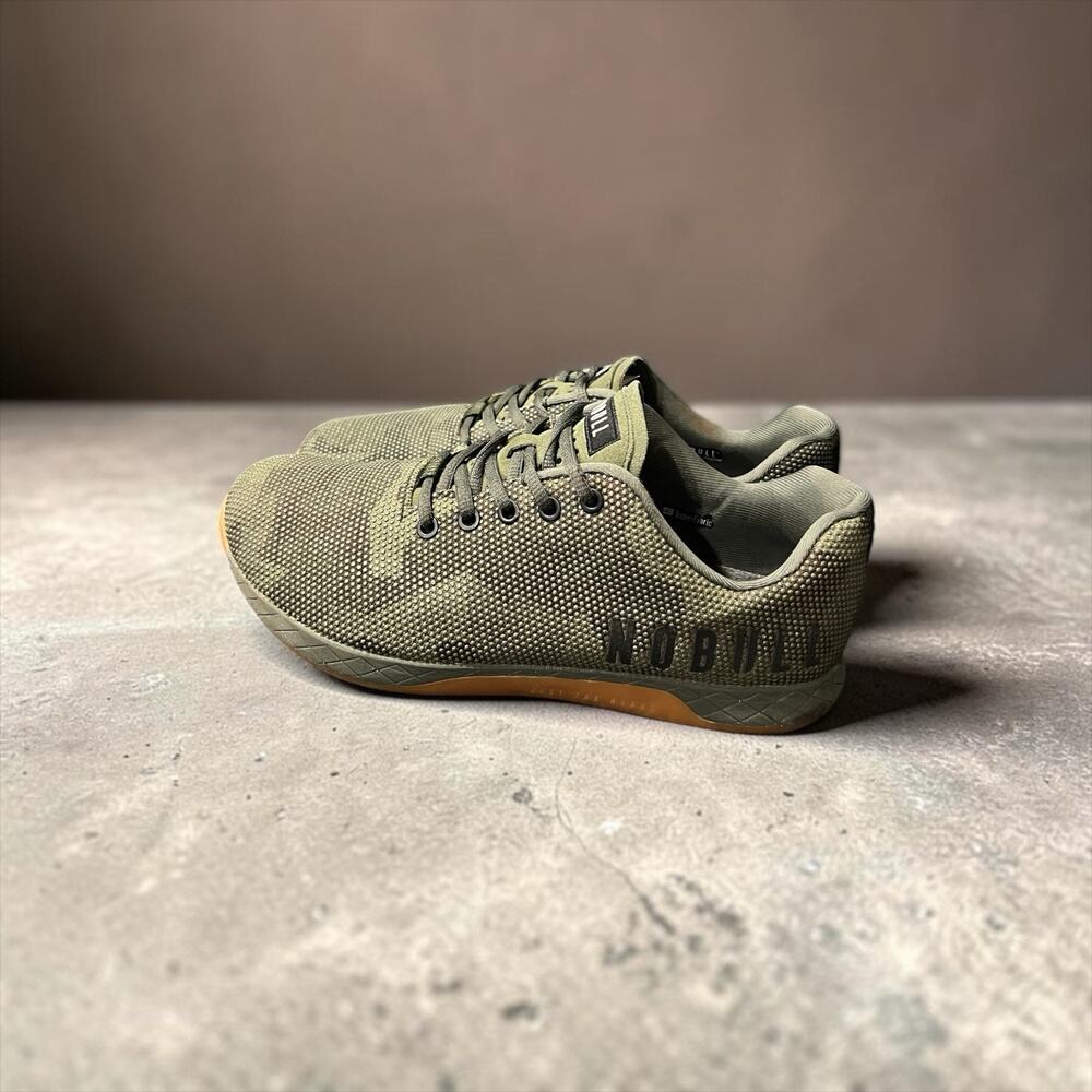 NOBULL Outwork Low Trainer Olive Green Camo Gum Sole Shoes - See Size